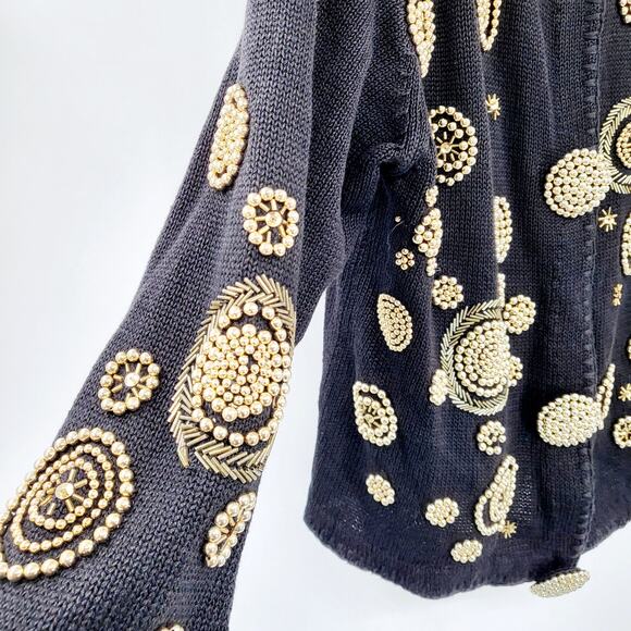 Vintage 90's VICTORIA HARBOUR Black & Gold All-over Beaded Knit Cardigan Size M - Picture 4 of 7